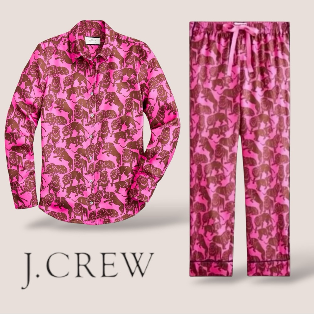 J.Crew Sleepy Lions 100% Silk  Pants & Shirt Set Pink Brown NWT Size 2
